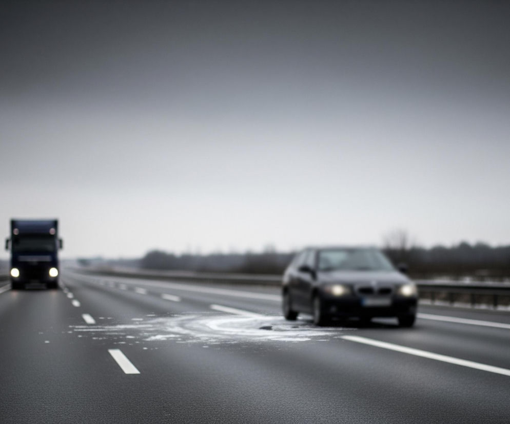 Na pierwszym planie widoczna jest mokra nawierzchnia asfaltowej drogi z białymi, przerywanymi liniami pasów ruchu. Po prawej stronie widać rozmazany, ciemny samochód osobowy z włączonymi światłami mijania, znajdujący się częściowo na widocznym na drodze śladzie po rozsypanej białej substancji, układającej się w kształt nieregularnego okręgu. W tle po lewej stronie drogi porusza się rozmazana, ciemna ciężarówka z włączonymi światłami mijania. Po obu stronach drogi rozciąga się niewyraźny krajobraz z ciemnymi drzewami i barierami ochronnymi, a nad całością dominuje jasne, zachmurzone niebo.
