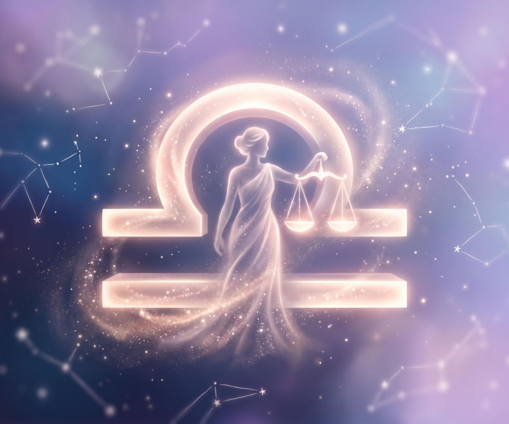 Świecący symbol znaku zodiaku Wagi z kobiecą sylwetką trzymającą szalę na tle gwiazd. Horoskop dla Wagi sprawdzisz w Eska.