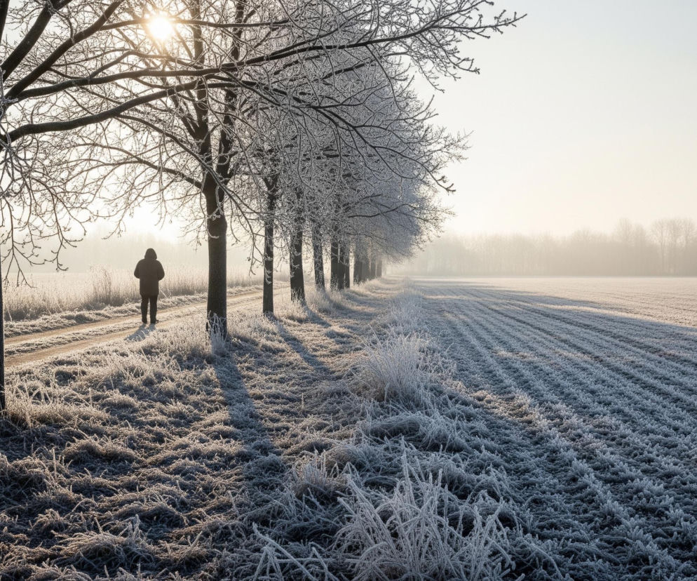 Pojedyncza sylwetka osoby idącej drogą polną, z plecami zwróconymi do oglądającego, dominuje w lewej części kadru. Osoba ma na sobie ciemną kurtkę z kapturem i idzie w kierunku jasnego światła słonecznego, które przebija się przez gałęzie drzew w oddali. Droga, pokryta miejscami szronem, biegnie wzdłuż rzędu nagich drzew, których gałęzie są gęsto oszronione, tworząc delikatne, białe koronki. Po prawej stronie drogi rozciąga się rozległe pole, również pokryte warstwą szronu, nadając mu srebrzysty odcień. Horyzont jest zamglony, a w oddali widać niewyraźne zarysy lasu, otoczonego jasną poświatą.