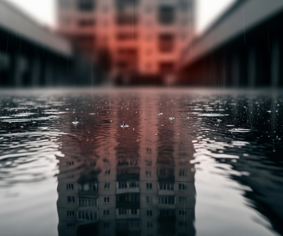 Centralnym punktem obrazu jest duża kałuża wody, w której odbija się fasada wysokiego, wielopiętrowego budynku, ukazana do góry nogami. Powierzchnia wody jest pokryta licznymi drobnymi kręgami, wskazującymi na padający deszcz, a pojedyncze, cienkie linie sugerują opadające krople. Tło, rozmyte i nieostre, przedstawia zamazany budynek w odcieniach czerwieni i pomarańczu, otoczony przez ciemne, rozmazane struktury architektoniczne po bokach.