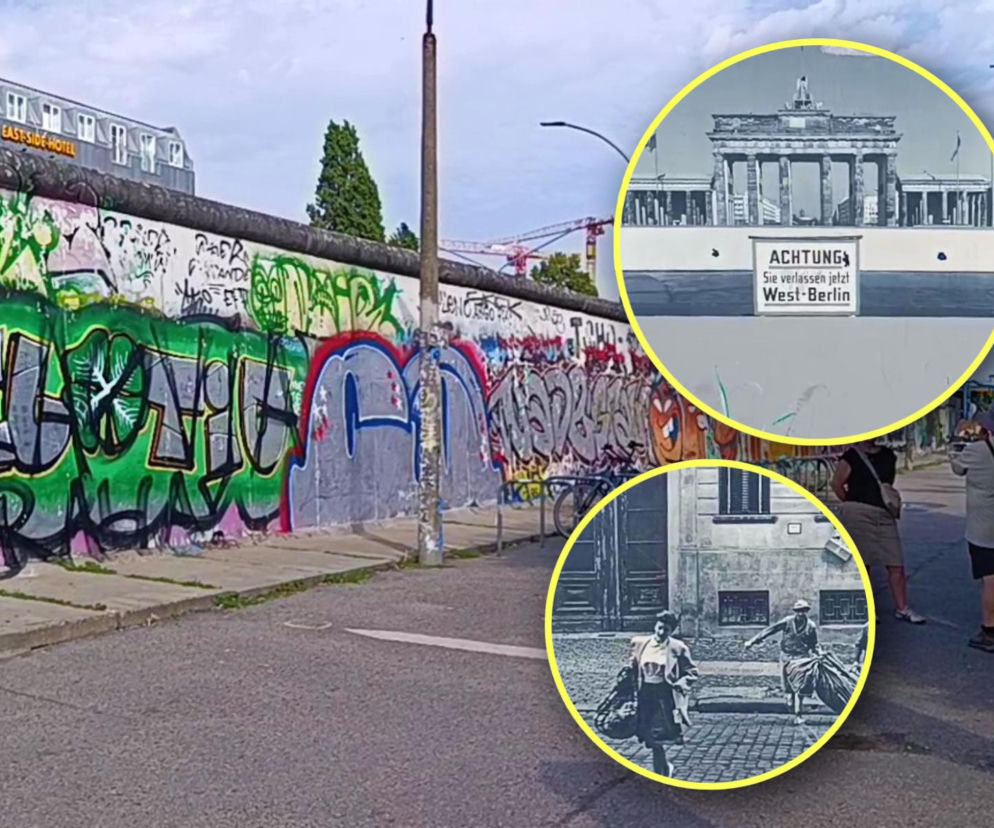 Mur Berliński z kolorowym graffiti. Na miniaturach Brama Brandenburska i ucieczka przez granicę. Historia muru w SE.