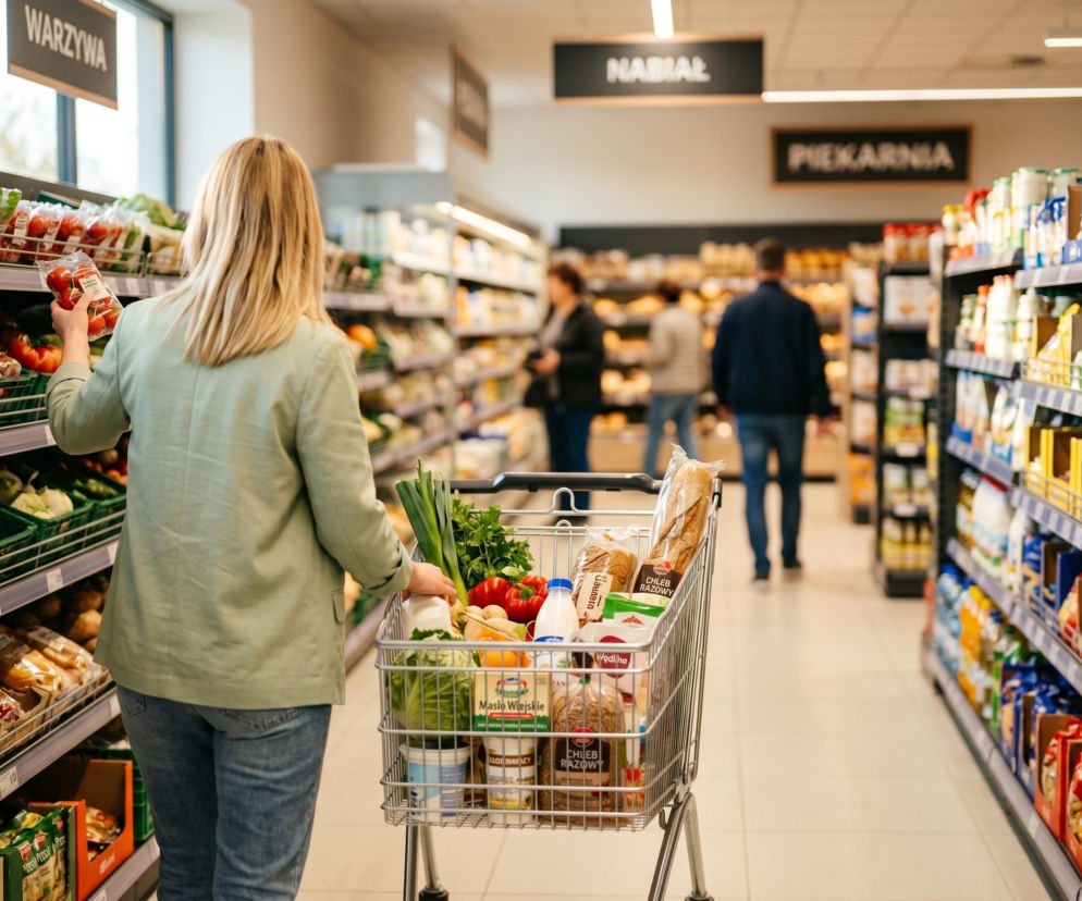 Kobieta z wózkiem zakupowym w dziale warzywnym supermarketu. W wózku świeże warzywa, pieczywo i nabiał. Klienci robią zakupy w sklepie spożywczym przed majówką. Więcej o otwartych sklepach 1 maja przeczytasz na Super Biznes.