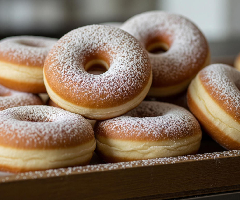 Grupa puszystych pączków z dziurką, obficie posypanych białym cukrem pudrem, ułożona jest na drewnianej tacy. Pączki mają złocistobrązową skórkę i jaśniejsze, kremowe brzegi, a ich otwory są wyraźnie widoczne. Niektóre pączki są lekko rozmazane, inne ostre i stanowią centralny punkt kompozycji. Cukier puder jest rozsypany także na brzegach drewnianej tacy.