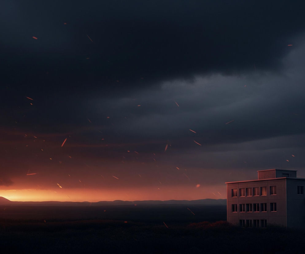 Po prawej stronie zdjęcia znajduje się trzykondygnacyjny, prostopadłościenny budynek w odcieniach szarości, z rzędami okien i balkonem na niższym piętrze. Budynek stoi na ciemnym, nisko położonym terenie, prawdopodobnie porośniętym roślinnością. Horyzont dominuje pomarańczowo-czerwona łuna, przechodząca ku górze w ciemne, gęste chmury, które pokrywają większą część nieba. Na całym obrazie widoczne są liczne małe, pomarańczowe punkty i smugi, sugerujące iskry lub opadający popiół.