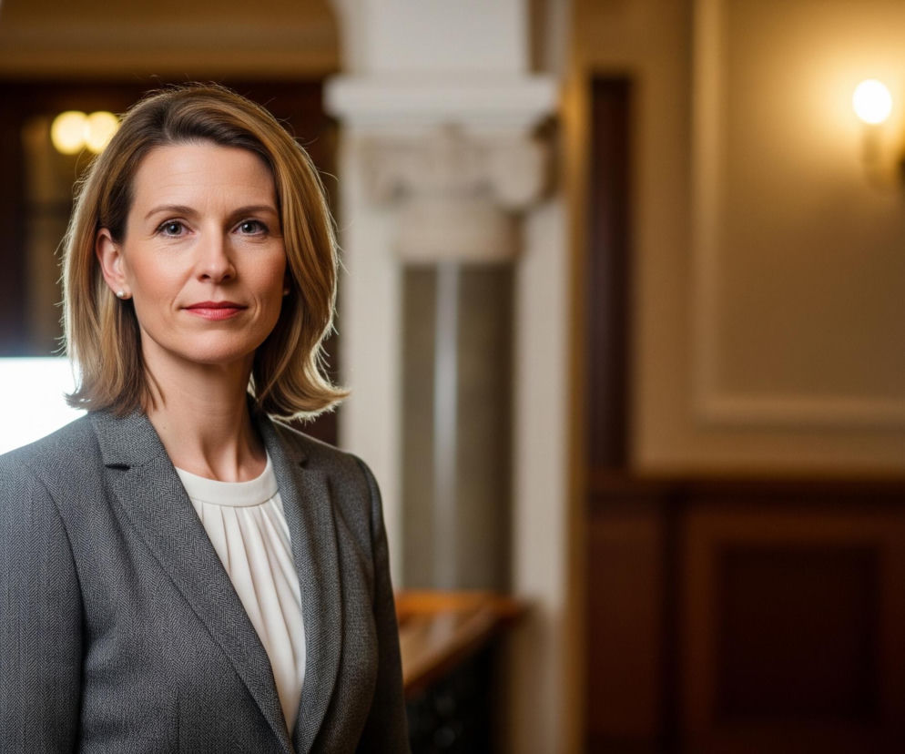 Kobieta w średnim wieku, z jasnymi włosami sięgającymi ramion, stoi zwrócona w stronę widza. Ubrana jest w szary żakiet o drobnym splocie i kremową bluzkę z plisowanym dekoltem, a w uszach ma perłowe kolczyki. Tło stanowi wnętrze z kolumną z marmuru po lewej stronie i jasnym, sześciokątnym panelem emitującym światło. Po prawej, w tle, widoczna jest ściana z dwiema jasnymi lampami ściennymi i dekoracyjnymi listwami, poniżej której znajduje się ciemniejsza, drewniana boazeria.