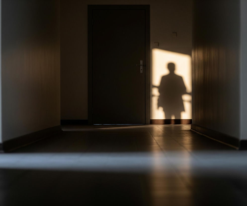 Wąski korytarz z drzwiami na wprost, oświetlony naturalnym światłem z prawej strony, rzucającym cień postaci ludzkiej na ścianę. Lewa ściana jest jaśniejsza u góry i stopniowo ciemnieje ku dołowi, natomiast prawa strona korytarza jest w większości zacieniona, z widocznymi poziomymi liniami, które sugerują panelowanie. Podłoga, wykonana z desek, jest ciemna, z jasnymi smugami światła padającymi od lewej strony, które odbijają się od powierzchni, a także jasną poświatą bezpośrednio pod cieniem postaci. Drzwi na końcu korytarza są ciemne, z jasną klamką i kwadratowym otworem na wizjer, a ich górna część jest ledwo widoczna w cieniu.