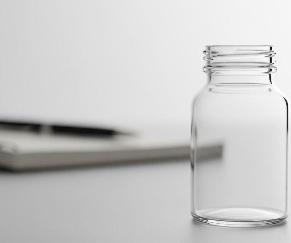 Na pierwszym planie, po prawej stronie kadru, stoi pionowo przezroczysta, pusta szklana butelka z gwintem na szyjce. Butelka odbija światło, tworząc delikatne refleksy. Tło jest jasnoszare i lekko rozmyte, z widocznym na lewym skraju zeszytem z spiralnym grzbietem i leżącym na nim ciemnym długopisem.