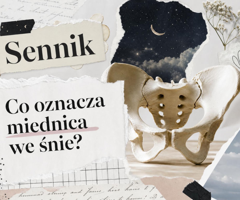 Kość miednicy na tle skrawków papieru i nocnego nieba. O znaczeniu snu przeczytasz na łamach SE.