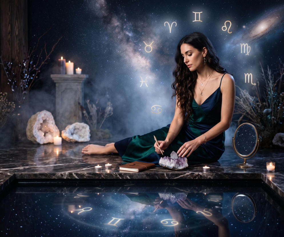 Kobieta w otoczeniu symboli zodiaku i kryształów. O magii horoskopu i uldze dla znaków zodiaku przeczytasz na SE.