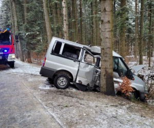 Potworny wypadek pod Krynicą-Zdrój! Nie żyje 32-latek ze Słowacji. Bus z 4 osobami rozbił się o drzewo [ZDJĘCIA]