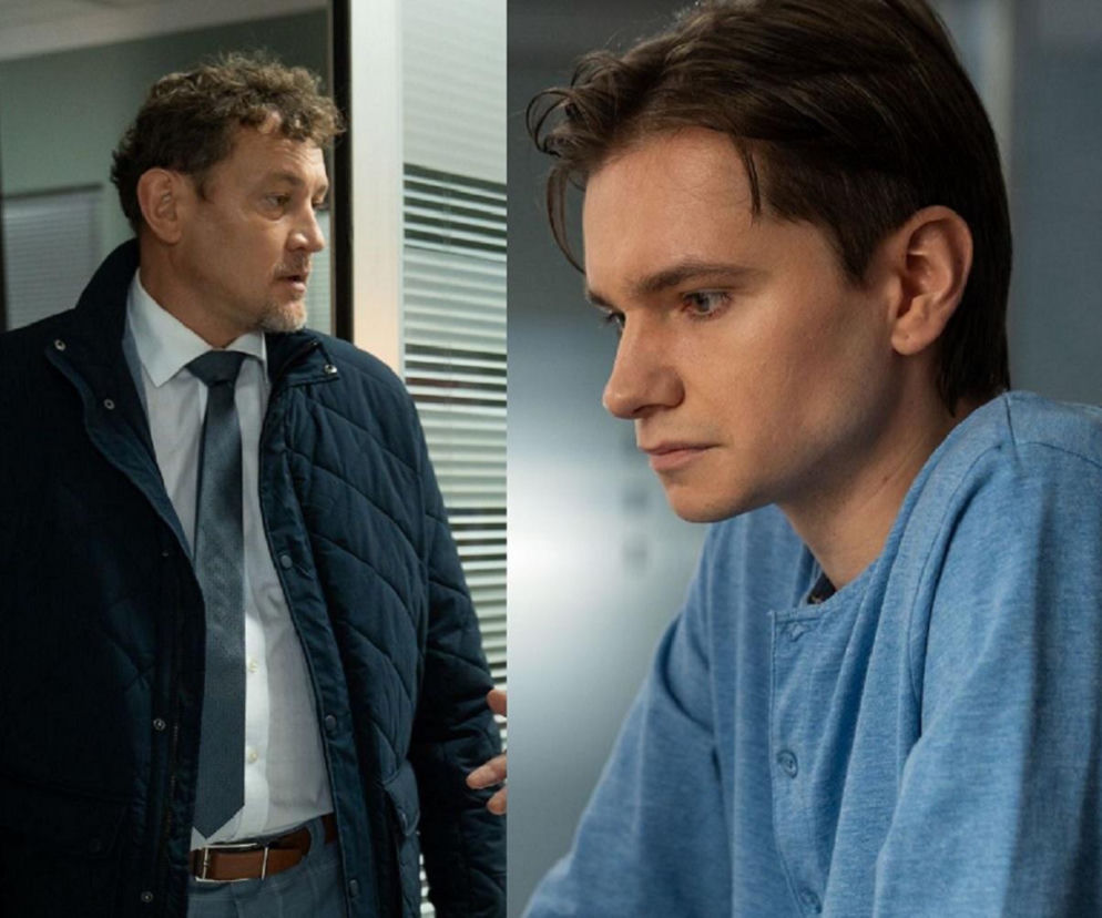 Dwa kadry z serialu Na dobre i na złe. Po lewej Franciszek Kępiński (Paweł Ławrynowicz) w ciemnej kurtce i krawacie, z zaniepokojoną miną. Po prawej Drago (Piotr Gadomski) w szpitalnej koszuli, patrzący w dół. Zdjęcie ilustruje odcinek 979, gdzie Drago pogrąży burmistrza. Więcej informacji na Super Seriale.