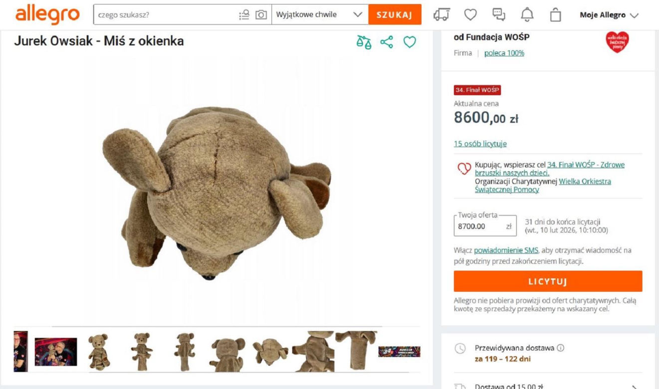 Kultowy miś z dobranocki z PRL-u na licytacji WOŚP. Cena już jest zawrotna