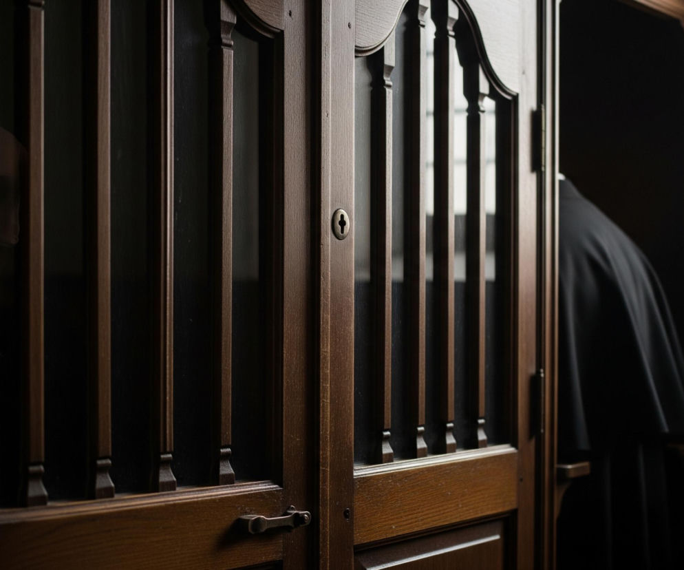 Duża część kadru przedstawia ciemnobrązowe, drewniane drzwi z pionowymi szczeblinami i szybami, przedzielone na środku ramą z mosiężną dziurką od klucza. Po lewej stronie, za szczeblinami i szybą, ledwo widoczna jest niewyraźna sylwetka ludzkiej twarzy w profilu. Po prawej, za uchylonymi drzwiami, znajduje się osoba ubrana w czarną szatę, a dalej widoczna jest fragment jasnego okna na tle ciemnoszarej ściany.