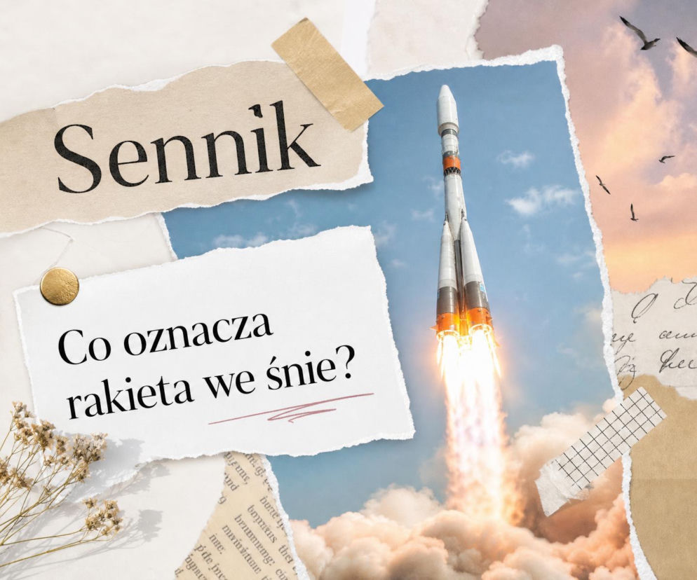 Kolaż z napisem sennik i startującą rakietą kosmiczną. O znaczeniu snu o rakiecie przeczytasz na SE.