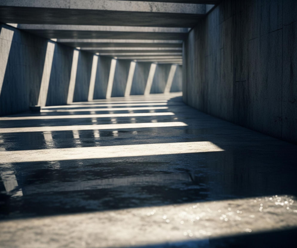 Długi, prosty korytarz o betonowych ścianach i suficie biegnie w głąb obrazu. Po lewej stronie, z góry wpadają silne smugi światła, tworząc wyraźne, pionowe pasy na ścianach i poziome prostokąty na podłodze, które odbijają się od mokrej, lśniącej nawierzchni. Prawa strona korytarza jest znacznie ciemniejsza, z mniej widocznymi detalami faktury betonu, a horyzont lekko zakręca w prawo, zanikając w oddali.