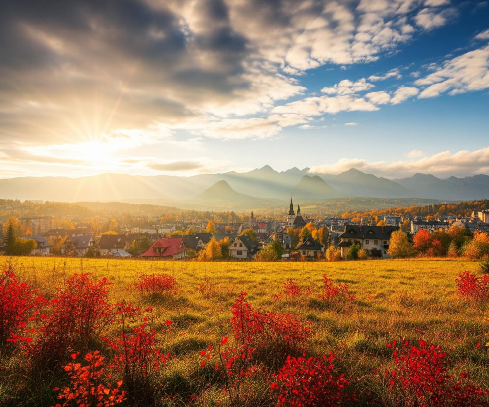 Scena przedstawia rozległy krajobraz jesienny o zachodzie słońca. Na pierwszym planie dominuje pole suchej, żółto-pomarańczowej trawy, przeplatane krzewami z intensywnie czerwonymi liśćmi. W prawym dolnym rogu widoczna jest postać osoby idącej ścieżką przez pole, zwróconej plecami do widza.

Dalej, w środkowej części obrazu, rozciąga się miejska zabudowa z licznymi budynkami mieszkalnymi o dachach w odcieniach czerwieni i brązu, otoczonymi drzewami z pomarańczowo-żółtymi liśćmi. Wśród zabudowań wyróżniają się wieże kościelne. Nad miastem i za nim widać zarys masywnych górskich pasm, z których niektóre szczyty są nieco zamglone.

Na niebie dominują chmury w odcieniach szarości, bieli i błękitu, rozświetlone promieniami zachodzącego słońca, które tworzą efektowne smugi światła, rozchodzące się po niebie i w dół, w kierunku gór. Prawa strona nieba jest jaśniejsza i bardziej błękitna, podczas gdy lewa strona nieba jest ciemniejsza.