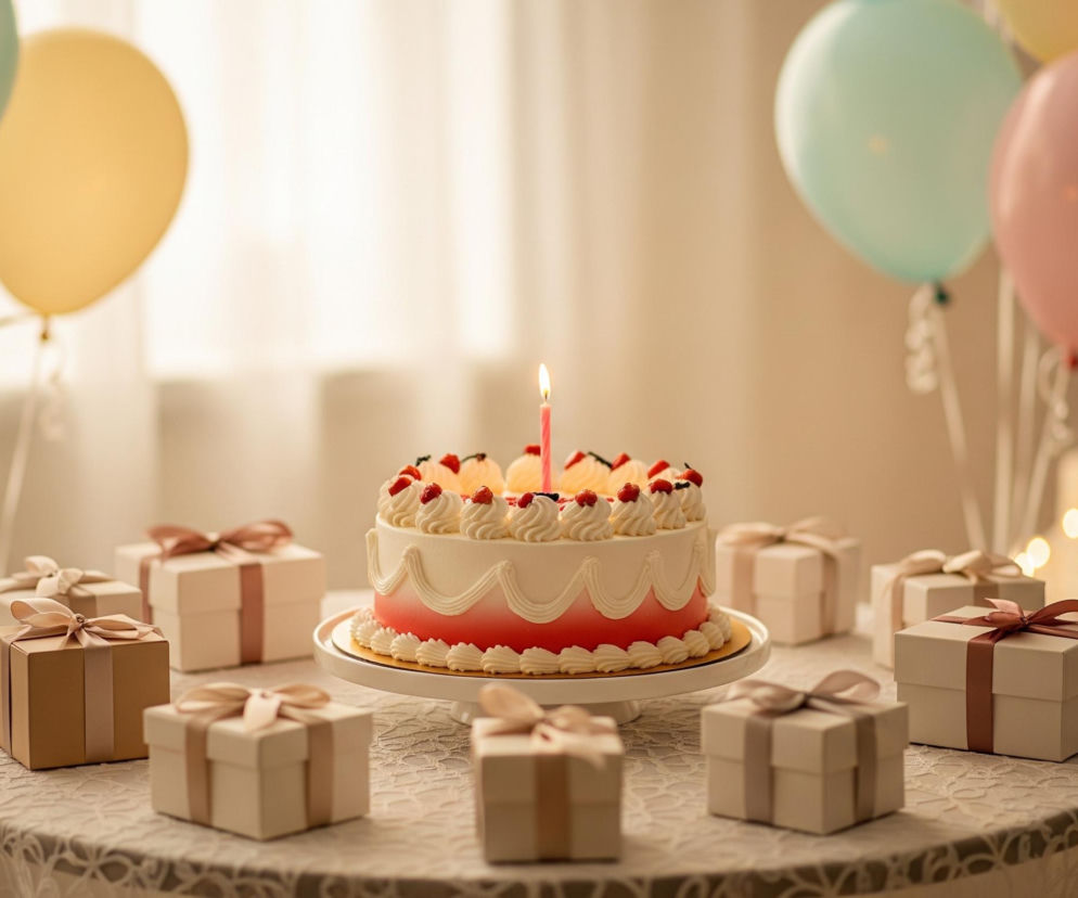 Centralnie na obrazie znajduje się okrągły tort na białej podstawce, udekorowany białym kremem, czerwonymi truskawkami i czarnymi jagodami. U góry tortu płonie różowa świeczka. Wokół tortu, na jasnym, koronkowym obrusie, leży dziewięć prezentów w beżowych i brązowych pudełkach, przewiązanych wstążkami. W tle, po lewej stronie, unoszą się dwa balony: jeden w kolorze turkusowym i jeden w jasnożółtym, a po prawej stronie widać balony w kolorze turkusowym i różowym, oraz zamazane światła i białe świece.