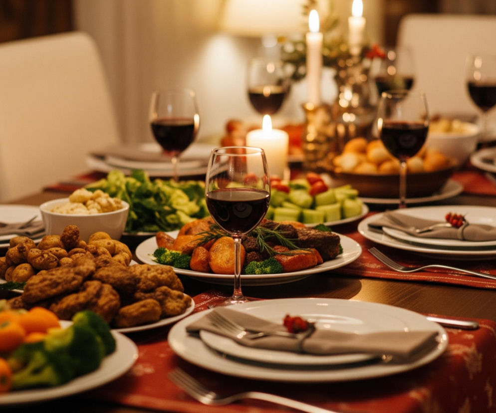 Uczta jest rozłożona na drewnianym stole pokrytym czerwonym bieżnikiem ze wzorem. W centrum znajduje się główny talerz z ciemnym mięsem, pieczonymi ziemniakami i zielonym brokułem, obok kieliszka czerwonego wina. Wokół rozłożone są inne potrawy: misy z brokułami i pomarańczowymi marchewkami, misy z mniejszymi ziemniakami lub kluskami oraz misy z zieloną sałatą i pokrojonymi ogórkami. Na stole stoją również białe talerze z szarymi serwetkami i sztućcami, a w tle widać zapalone świece i kieliszki z winem, co tworzy ciepłą, świąteczną atmosferę.