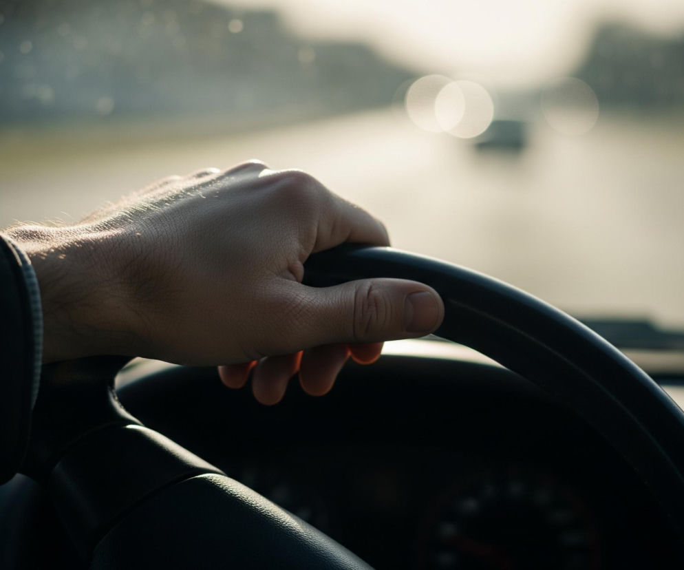 Prawa dłoń z jasną skórą, z krótkimi paznokciami, uchwytuje czarną kierownicę pojazdu. Ręka jest oświetlona ciepłym, bocznym światłem, które podkreśla włoski na przedramieniu. Tarcza zegarów samochodowych jest częściowo widoczna pod kierownicą, z niewyraźnymi, pomarańczowymi wskazówkami. Na pierwszym planie, przez przednią szybę, widać niewyraźny krajobraz drogi, z rozproszonymi, jasnymi punktami świetlnymi w tle, sugerującymi ruch i odblaski.