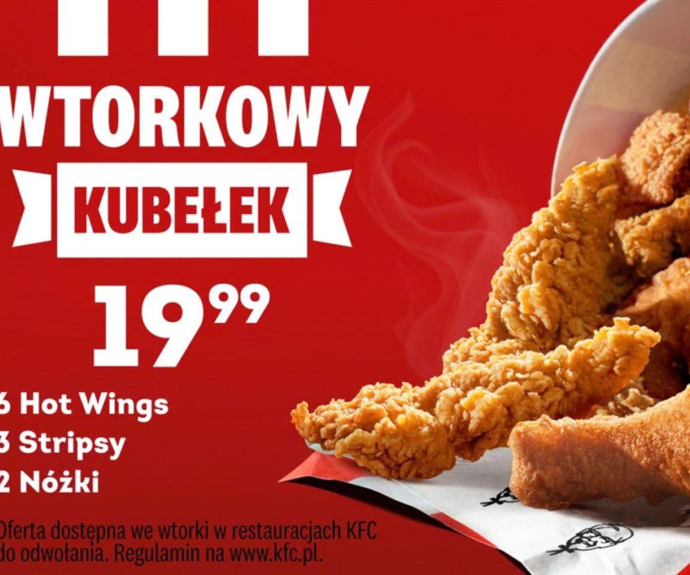 Grafika KFC z Wtorkowym Kubełkiem za 19,99 zł i kurczakami. O powrocie oferty w każdy wtorek przeczytasz na Eska.