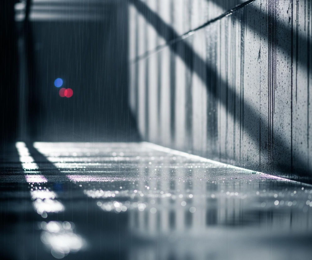 Ciemny, deszczowy korytarz lub przejście. Po prawej stronie widać ścianę z pionowymi panelami, pokrytą licznymi kroplami wody, z których spływają ciemne smugi. Na podłodze odbija się światło, tworząc jasne plamy i linie, a cała powierzchnia jest mokra od deszczu, którego drobne krople są widoczne w powietrzu. W głębi, po lewej stronie, rozmyte światła w kolorach niebieskim i czerwonym rozjaśniają mroczne tło.