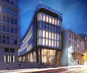 Wizualizacja wieczorna warszawskiego biurowca Nowy Świat 2.0. Za projekt architektoniczny odpowiada pracownia AMC – Andrzej M. Chołdzyński 