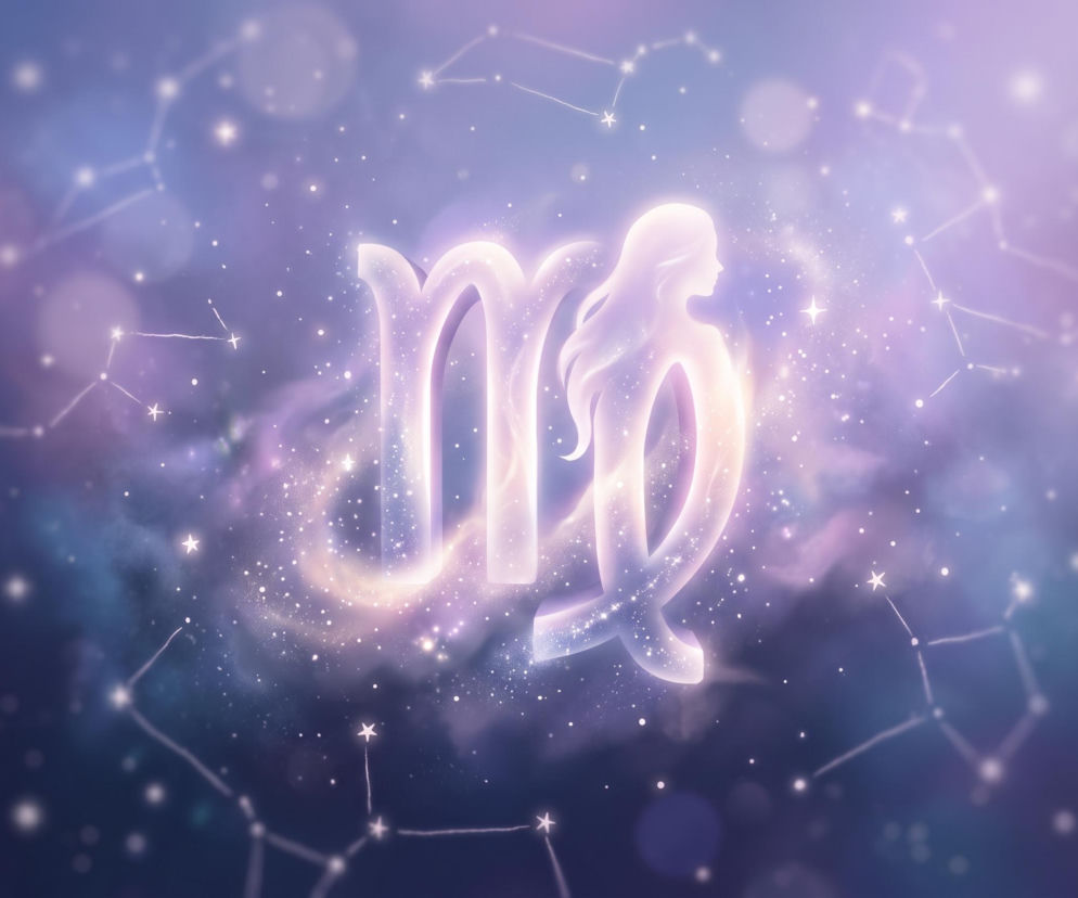 Świecący symbol znaku zodiaku Panna na tle gwieździstego nieba. O horoskopie dla Panny przeczytasz w Eska.