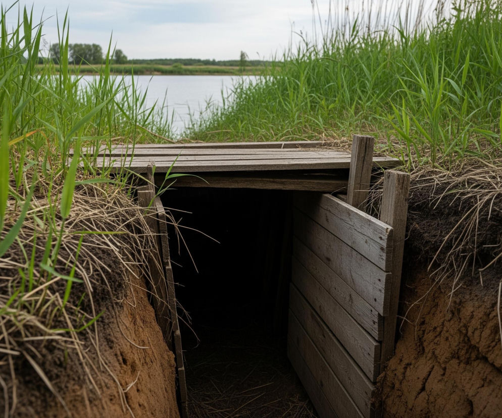 W centrum kadru widoczny jest wąski, ciemny otwór w ziemi, częściowo zasłonięty drewnianymi deskami. Po prawej stronie otworu znajduje się pionowa drewniana konstrukcja przypominająca drzwi, a nad nim poziome deski tworzą prowizoryczny dach lub pomost. Otwór jest otoczony ziemią o brązowo-czerwonym kolorze, pokrytą gdzieniegdzie suchą, jasnobrązową trawą i świeżą zieloną roślinnością. Tło za otworem to rozległy zbiornik wodny z refleksami światła, za którym rozciąga się zielony brzeg z drzewami, a horyzont zamyka jasne, lekko zachmurzone niebo.