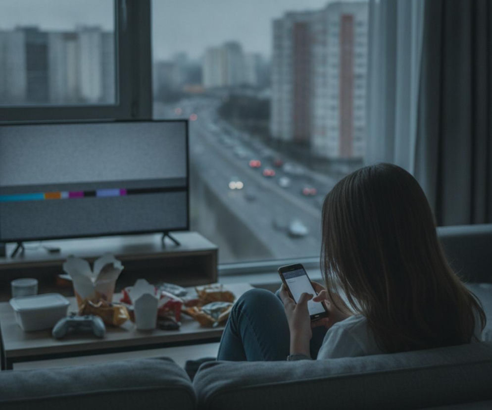 Młoda kobieta siedzi na sofie, używając smartfona, z włączonym telewizorem i resztkami jedzenia na stoliku, obserwując ruchliwą ulicę miasta. Scena ilustruje problem braku aktywności fizycznej we współczesnym społeczeństwie, o czym więcej przeczytasz na Poradnik Zdrowie.