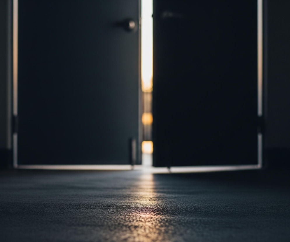 Parę uchylonych, ciemnych drzwi, pomiędzy którymi przebija się jasne, pomarańczowo-białe światło. Od podłoża na pierwszym planie odbija się pomarańczowa poświata światła, która rozjaśnia jego fakturę. Reszta otoczenia, w tym ściany i górna część drzwi, pozostaje w cieniu, utrzymana w ciemnych, grafitowych odcieniach.