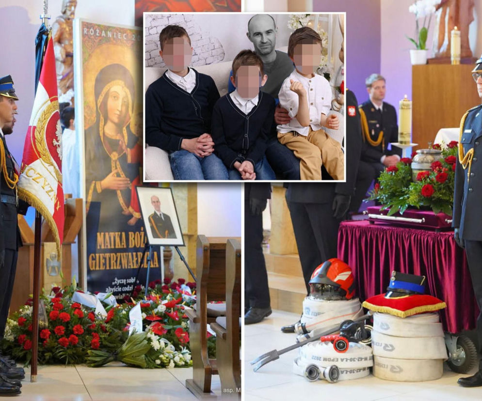Strażacy w kościele podczas pogrzebu. Na miniaturze zmarły tata z trzema synami. O pomocy rodzinie czytaj w Eska Poznań.