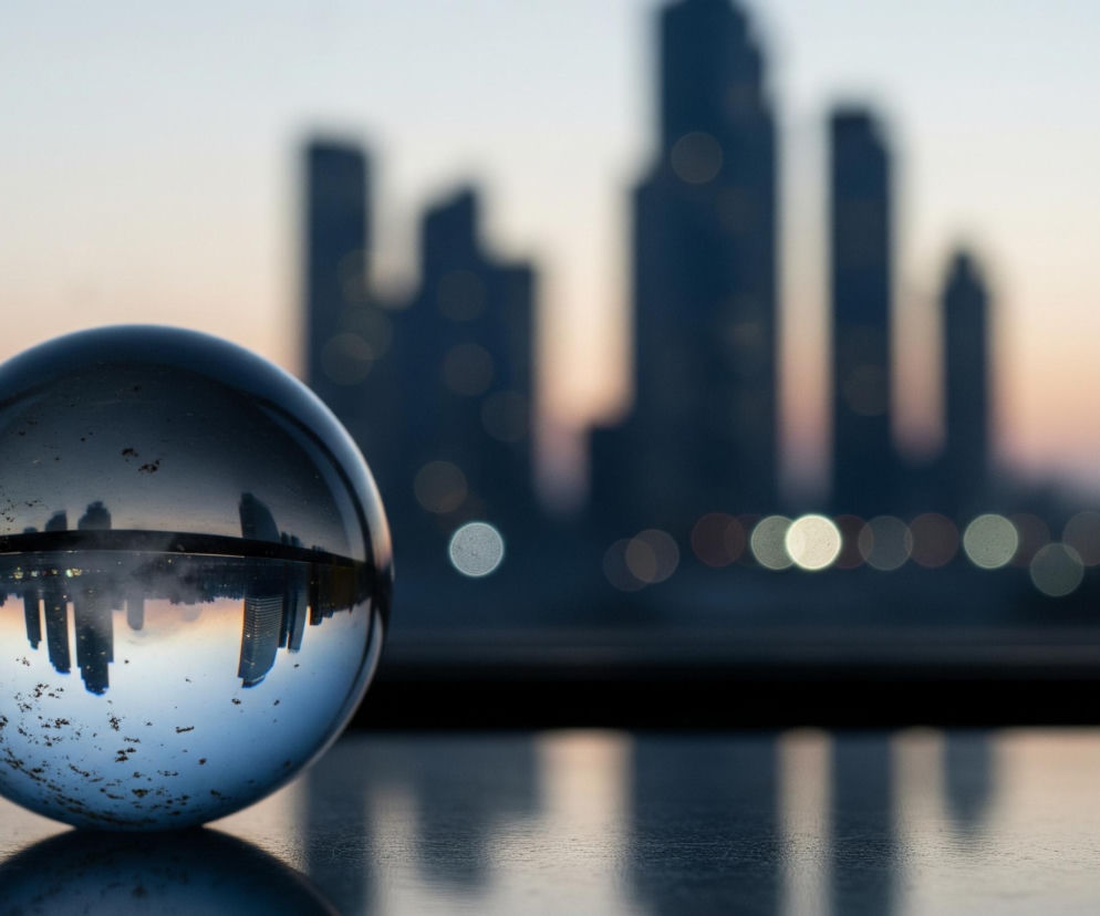 Szklana kula umieszczona jest na płaskiej, błyszczącej powierzchni, odbijając w sobie odwrócony obraz odległych wieżowców, które w tle są rozmyte i niewyraźne. Budynki w kuli są ostre i ciemne, odzwierciedlając zachodzące słońce w pomarańczowych i niebieskich tonach. Tło za kulą ukazuje zamazane sylwetki wysokich budynków w kolorze ciemnego granatu, na tle jasnego, lekko różowo-błękitnego nieba. Na pierwszym planie, powierzchnia pod kulą, jest błyszcząca i częściowo odbija światło, z widocznymi drobnymi pyłkami na szkle kuli.