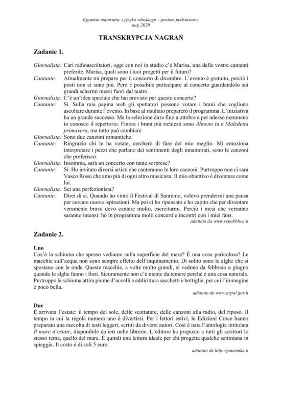 Matura 2020 ARKUSZE CKE: Język włoski podstawowy