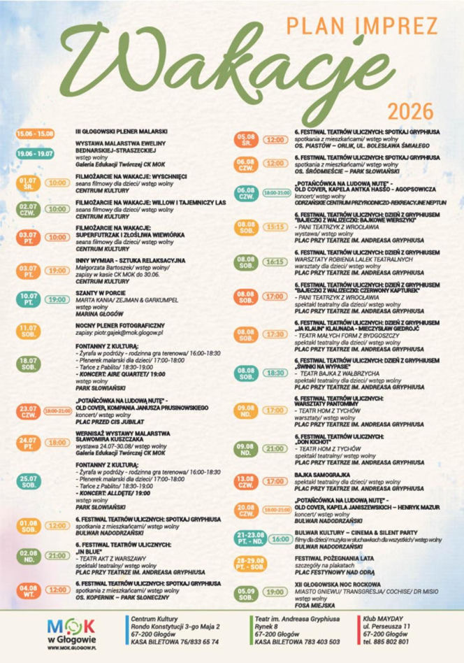 Plakat z planem imprez na wakacje 2026 w Głogowie. O letnich atrakcjach w MOK-u przeczytasz na Radioplus.