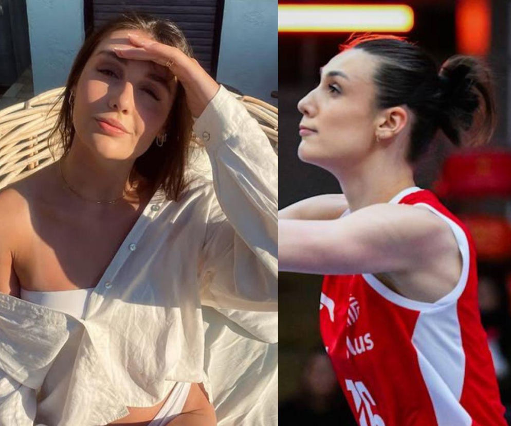 Siatkarka Sonia Stefanik w białej koszuli, a obok na boisku w stroju kadry. O jej karierze i urodzie przeczytasz na SE.