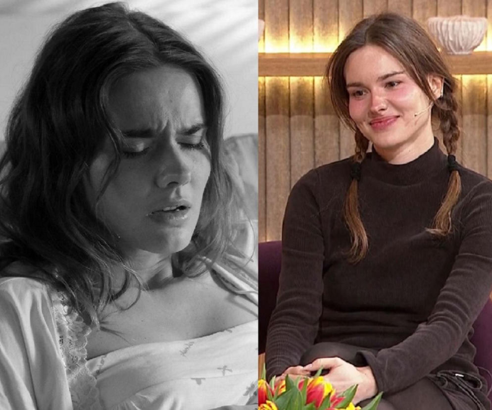 Aktorka Dominika Kachlik w dwóch ujęciach: z lewej monochromatyczne zbliżenie na jej twarz w wyraźnym grymasie bólu lub cierpienia, z prawej kolorowy portret, gdzie uśmiechnięta kobieta z dwoma warkoczami siedzi na fotelu. Więcej o zmianach w serialach przeczytasz na Super Seriale.