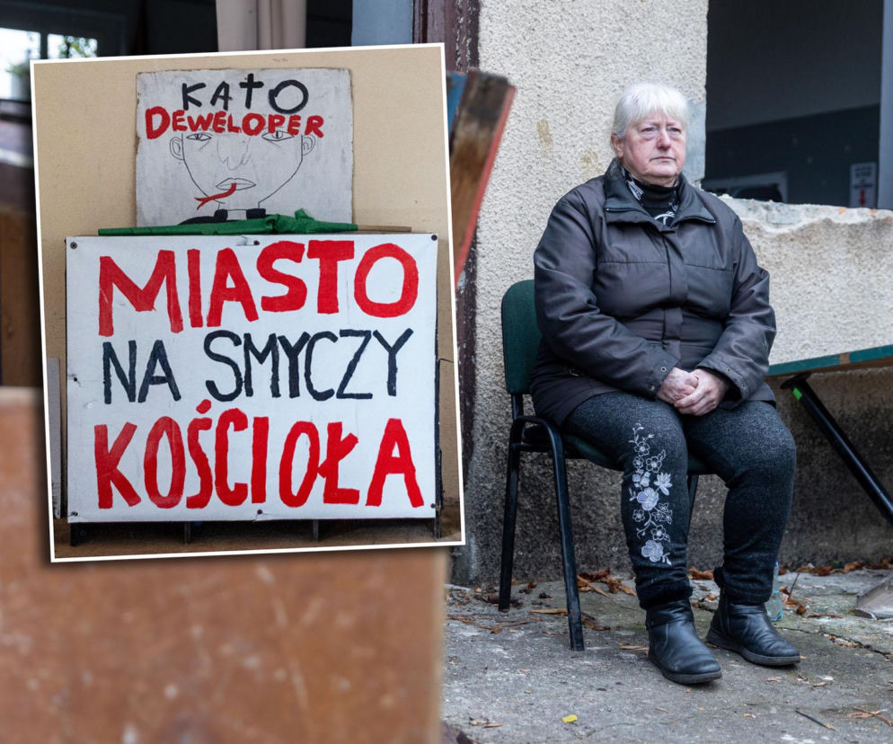 Siedząca przed budynkiem mieszkanka Poznania. Na wstawce transparenty protestacyjne. O sporze na osiedlu czytaj na SE.