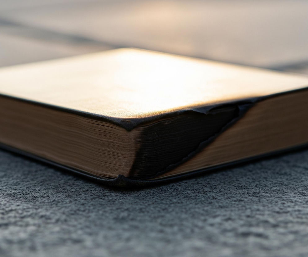 Na pierwszym planie leży poziomo zamknięta książka o ciemnej okładce i jasnobrązowych brzegach kartek. Jej górna powierzchnia jest silnie oświetlona ciepłym, złotym światłem, a lewy górny róg okładki jest lekko odgięty, ukazując ciemniejszą, czarną wewnętrzną stronę. Książka spoczywa na szorstkiej, szarej powierzchni, prawdopodobnie chodniku, której faktura jest wyraźnie widoczna, zwłaszcza na pierwszym planie. Tło jest rozmyte, ale w górnej części widać pasmo jaśniejszego, cieplejszego światła.