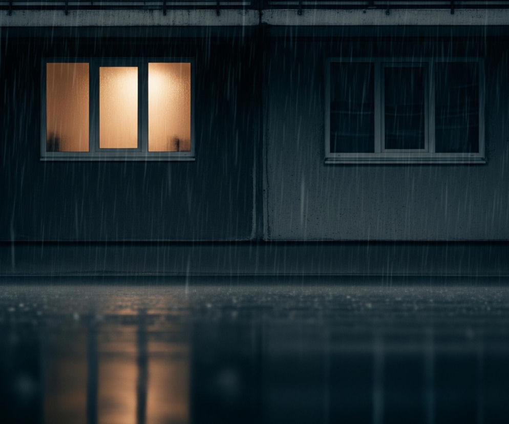 Deszcz pada na ciemny budynek, którego fasada jest szara z widocznymi poziomymi i pionowymi liniami konstrukcyjnymi. W centralnej części kadru znajduje się okno z trzema szybami, przez które widać ciepłe, pomarańczowe światło, a na jego powierzchni spływają krople deszczu. Po prawej stronie widać dwa kolejne okna, ale są one ciemne i bez widocznego wnętrza, oraz fragment ciemnych drzwi wejściowych. Dolna połowa obrazu przedstawia mokry, odblaskowy chodnik, odbijający światło z rozświetlonego okna.
