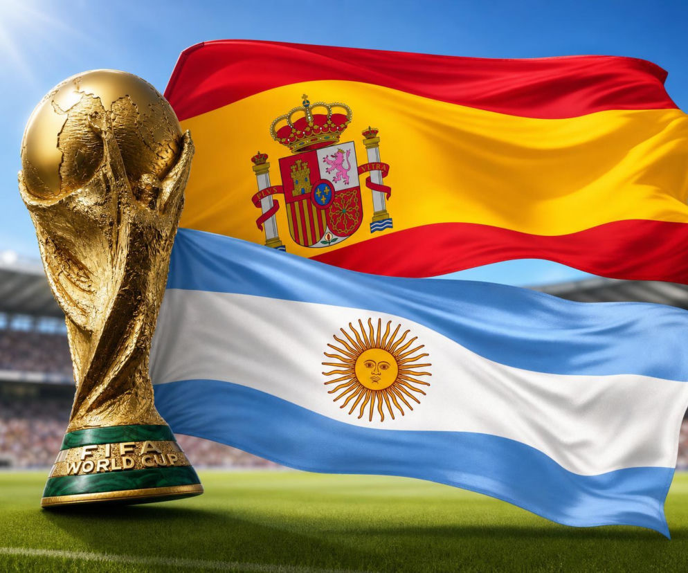 Złoty Puchar Świata na tle flag Hiszpanii i Argentyny. O finale Mundialu 2026 przeczytasz na SE Supersport.