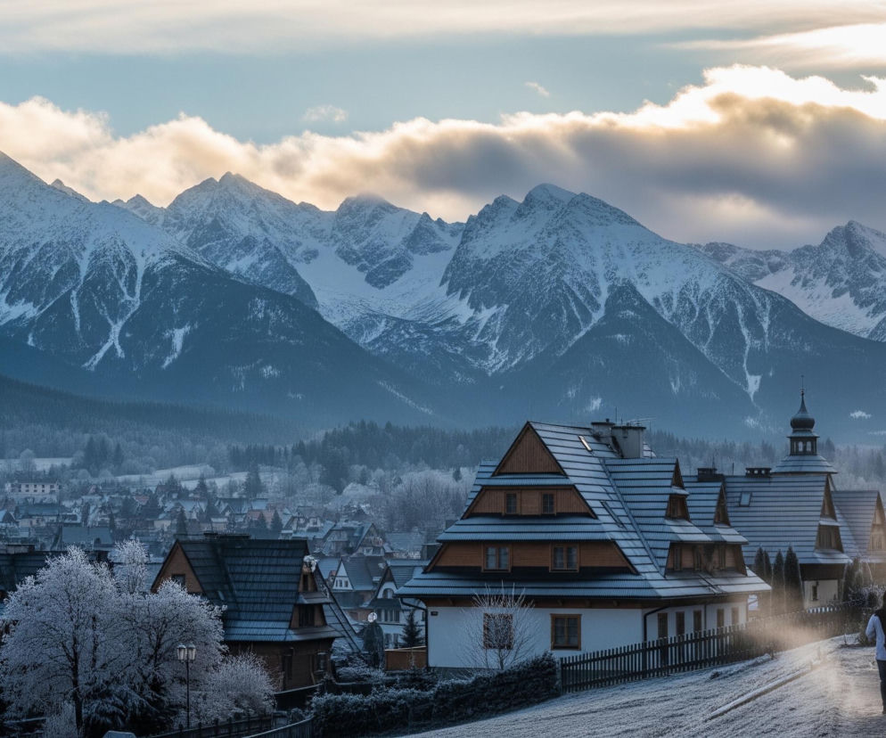 Zasnieżone, ośnieżone szczyty górskie, pokryte gęstym puchem, dominują w tle obrazu, wznosząc się majestatycznie pod jasnym, częściowo zachmurzonym niebem z promieniami słońca przebijającymi się przez chmury. U ich podnóża rozciąga się malowniczo położona miejscowość, której dachy, płoty i drzewa pokryte są warstwą szronu, nadając krajobrazowi zimowy, mroźny charakter. Na pierwszym planie, w prawej części kadru, po oblodzonej, pokrytej szronem ulicy, spaceruje grupa ludzi ubranych w zimowe kurtki i plecaki, otoczonych delikatną mgiełką.