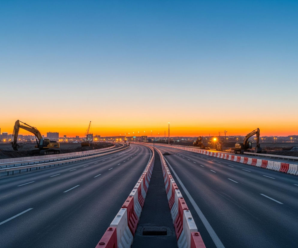 Autostrada, w części centralnej obrazu, rozciąga się w kierunku horyzontu, dzieląc się na dwie jezdnie. Oddzielone są one szeregiem biało-czerwonych barier drogowych, które wyznaczają pasy ruchu. Po obu stronach autostrady, w tle, widoczne są place budowy z licznymi koparkami i maszynami budowlanymi, a także miejskie zabudowania z migoczącymi światłami. Niebo nad horyzontem mieni się odcieniami pomarańczowego i żółtego, płynnie przechodząc w jaśniejszy błękit w górnej części kadru.