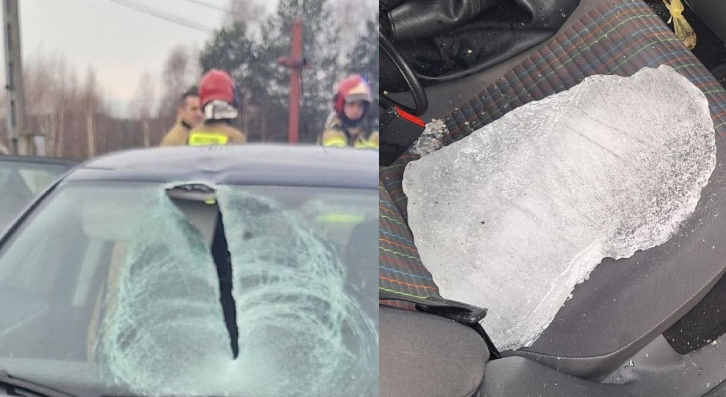 Lodowa bryła przebiła szybę osobówki. Ranna kobieta trafiła do szpitala