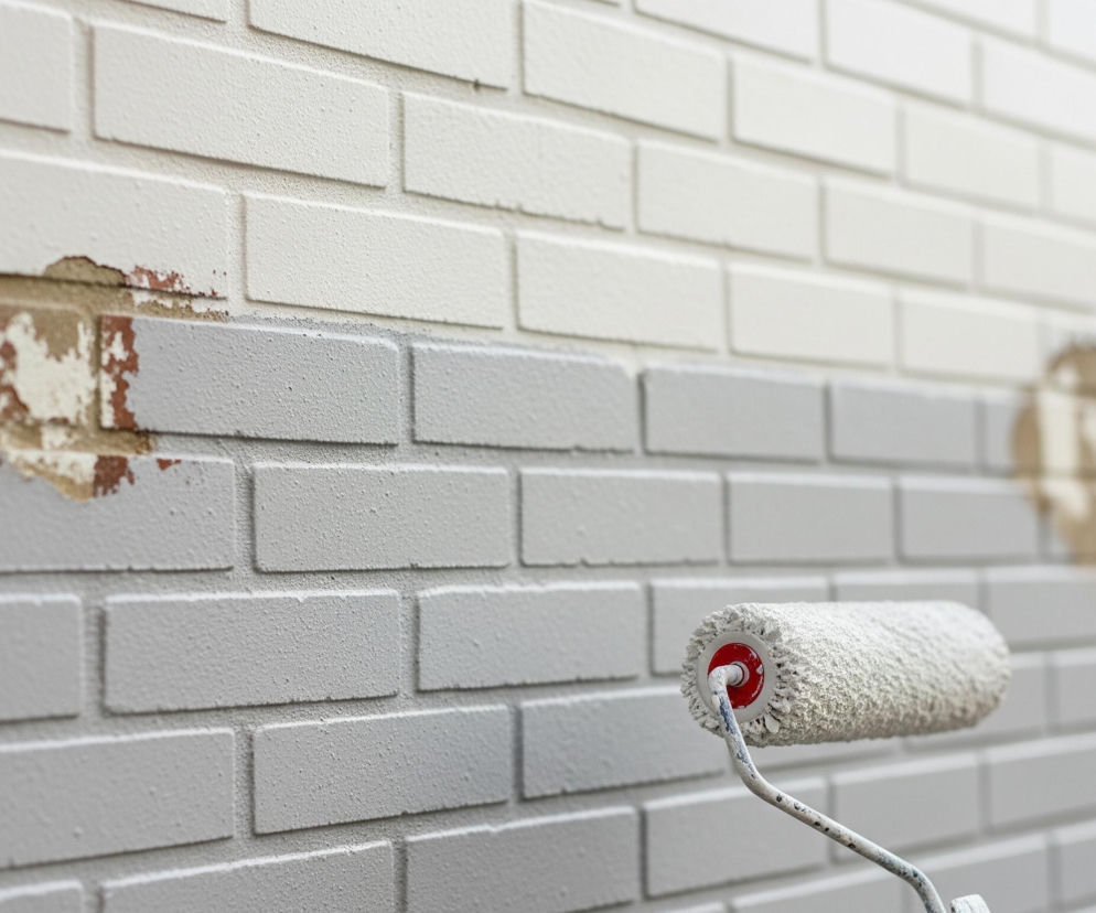 Wałek malarski pokryty białą farbą jest widoczny na pierwszym planie, skierowany w prawą stronę, częściowo zasłaniając ścianę z cegieł. Ściana jest w trakcie malowania; górna część jest już pokryta białą farbą, a dolna szarą, tworząc wyraźną linię podziału. W lewej części obrazu i nieco w prawo, widoczne są fragmenty cegieł z odpryskującą starą farbą, odsłaniające rdzawobrązowy kolor cegieł i beżową zaprawę.