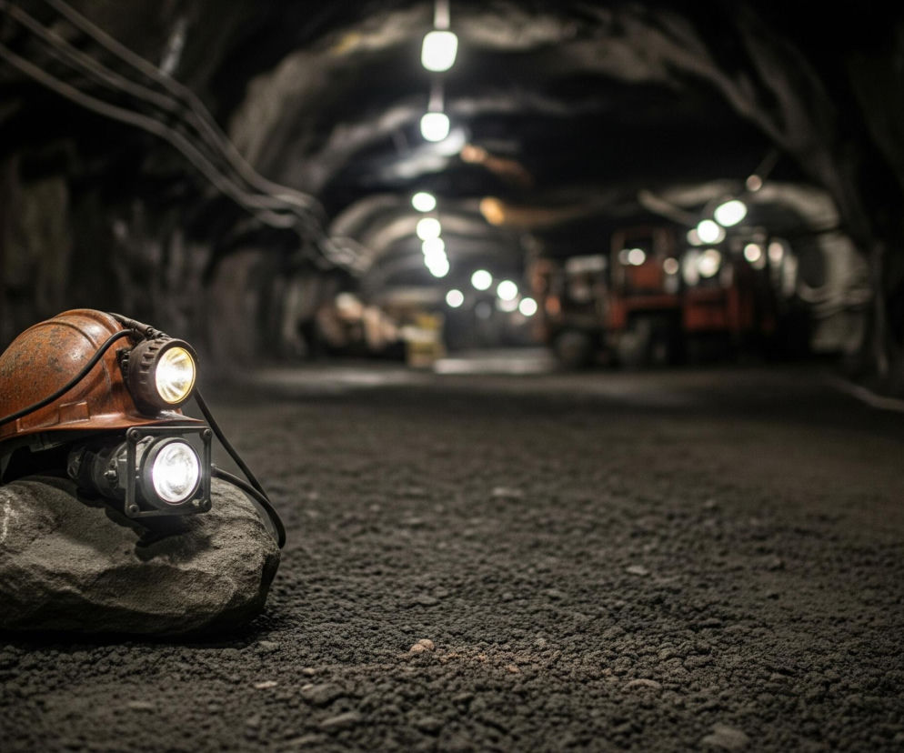 Zardzewiały, pomarańczowy kask górniczy z dwoma włączonymi, jasnymi latarkami leży na dużym, szarym kamieniu, umieszczony w lewym dolnym rogu obrazu. Tło ukazuje ciemny, podziemny tunel z widocznymi, białymi lampami zwisającymi z sufitu i biegnącymi w głąb perspektywy. Po prawej stronie w oddali, w rozmazanym tle, widać kontury kilku maszyn górniczych. Podłoże w tunelu pokryte jest drobnym, ciemnym żwirem, rozciągającym się na całej szerokości obrazu.