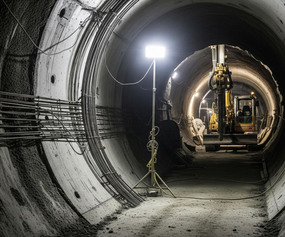 Długi, cylindryczny tunel z betonu i ziemi jest jasno oświetlony, odsłaniając jego wnętrze. W oddali znajduje się żółta koparka z ramieniem skierowanym ku górze, natomiast po lewej stronie tunelu widoczne są pęki stalowych prętów zbrojeniowych biegnących równolegle do podłogi. W centrum kadru stoi jasna, prostokątna lampa na statywie, rzucająca światło na piaszczystą podłogę. Gładka, betonowa powierzchnia tunelu kontrastuje z surowymi, nierównymi sekcjami po bokach, gdzie widoczna jest ziemia i drobne kamienie.