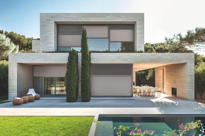 Nowoczesny, luksusowy dom z płaskim dachem i jasną elewacją, wyposażony w zewnętrzne osłony przeciwsłoneczne, rolety, okna oraz basen. Przed domem trawnik i wysokie, strzeliste drzewa. Więcej o inteligentnej ochronie przed słońcem w Architektura Murator Plus.