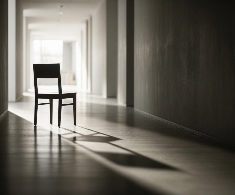 Wydłużony korytarz z ciemną ścianą po prawej stronie i jaśniejszą, pustą ścianą po lewej. Na środku korytarza stoi ciemne, drewniane krzesło z pustym prostokątnym otworem w oparciu, rzucające długi, ostry cień w prawo i w głąb perspektywy. W tle korytarza widać jasne, rozmyte światło, tworzące silny kontrast z ciemniejszym pierwszym planem. Podłoga korytarza jest gładka i odbijająca światło.