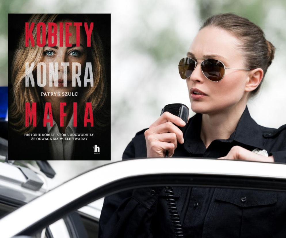Policjantka przy radiowozie, a obok okładka książki „Kobiety Kontra Mafia”. O tej premierze przeczytasz na SE.