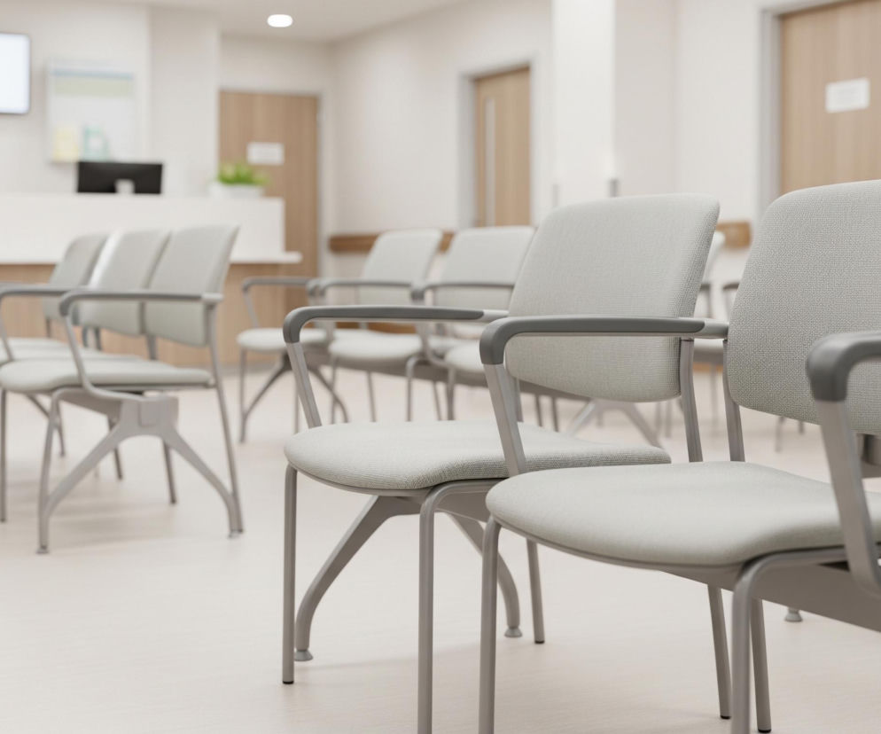 Rzędy jasnoszarych krzeseł z tapicerowanymi siedziskami i oparciami, oraz ciemnoszarymi podłokietnikami i metalowymi ramami, wypełniają kadr. Przestrzeń jest jasna, z białymi ścianami i podłogą, a w tle widoczna jest drewniana lada recepcyjna z dwoma czarnymi monitorami i wiszącym telewizorem. W dalszej części pomieszczenia, widać drewniane drzwi i tablice informacyjne.